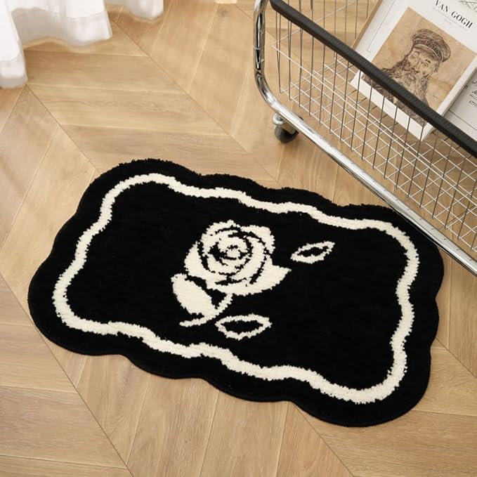 Black and White Rose Pattern Bathroom Rug - Absorbent Quick-Drying Non-Slip Carpet Toilet Mat - skull toilet mat