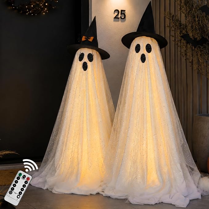 2Packs Halloween Decorations Outdoor,Halloweens Party Decoration Indoor,59in Spooky Ghost with Remote Control String Lights,Halloween-Ghost Lights for Porches Yards Gardens Lawn - string light