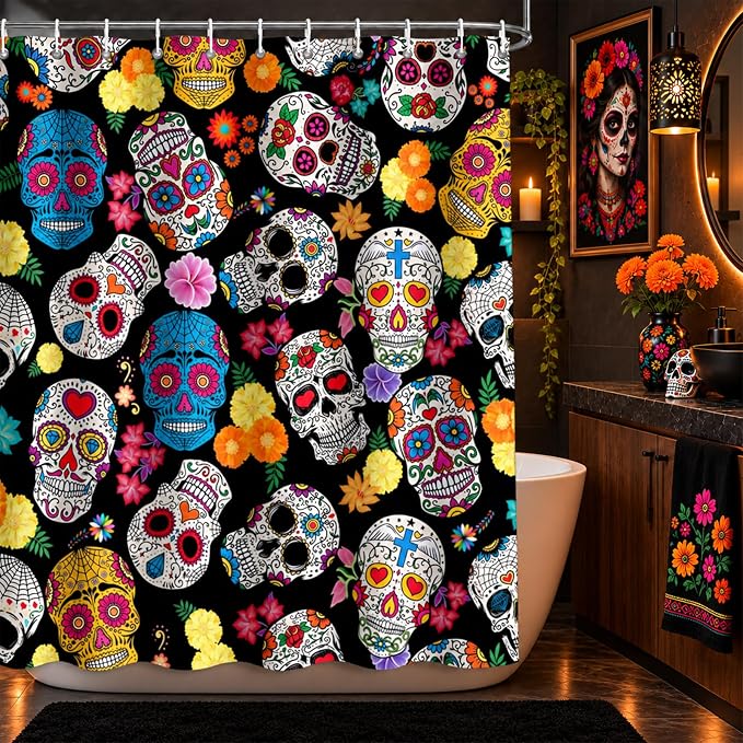 MEHOFOND Sugar Skull Shower Curtain Day of The Dead Bathroom Decor 72x72in - skull toilet mat
