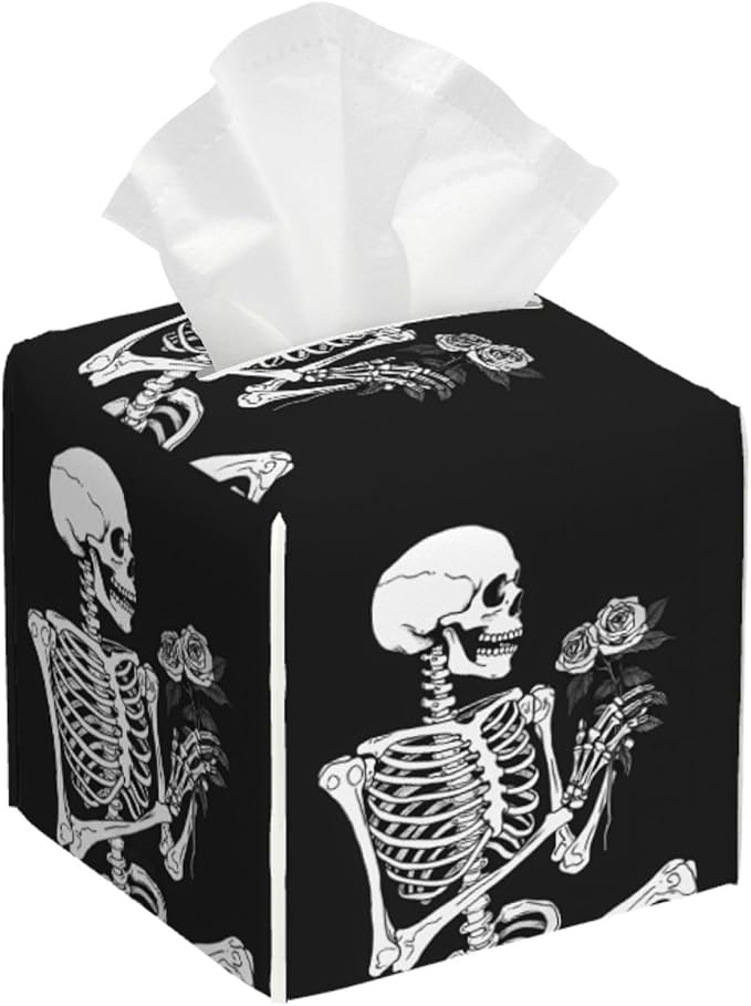 Square Tissue Boxes Cover Roses Skeleton Skull for Home,5.2"x5.2"x5.2" - skull toilet paper