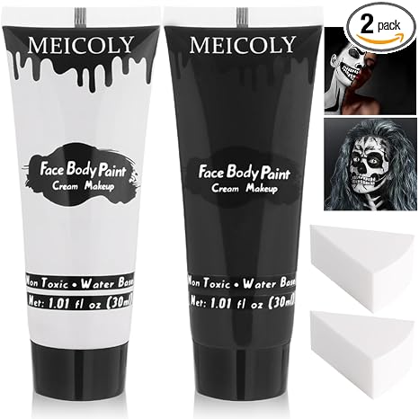 MEICOLY Black White Face Body Paint with Sponges,Water Based Face Paint for Adults Kid,White Face Paint,Face Painting for Clown Makeup,Halloween SFX Skull Zombie Skeleton Mime Goth Makeup Corpse Paint - skull painting