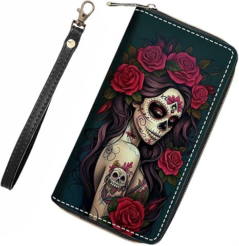 Sugar Skull Girl Roses Wallet for Women with Credit Card Holder Coin Money Clip PU Leather Zip Around Clutch Wallet - sugar skull handbags for sale