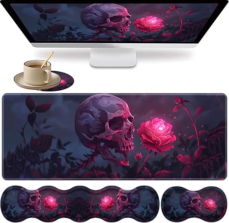 Large XXL Gaming Desk Mat 31.5"x 11.8", Ergonomic Keyboard Wrist Rest & Mouse Pad Wrist Rest + Coaster Set, Non-Slip Base, Memory Foam, Office and Home, Rose Skull - skull coaster