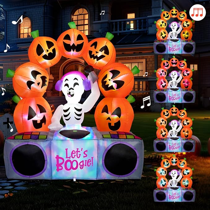 Joiedomi 6 FT Halloween Inflatable Music Skeleton and Pumpkin with Colorful LEDs, Blow Up Outdoor Yard Decoration for Party Decor - skull inflatable