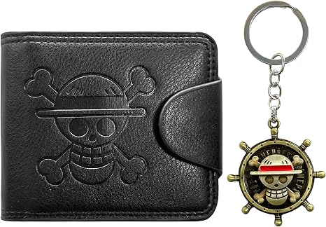 OP Bifold Wallet for Men, Straw Hat Luffy Skull Wallet and Keychain, Anime Fan Stylish Merch Gifts, Black, PU Leather - skull wallet