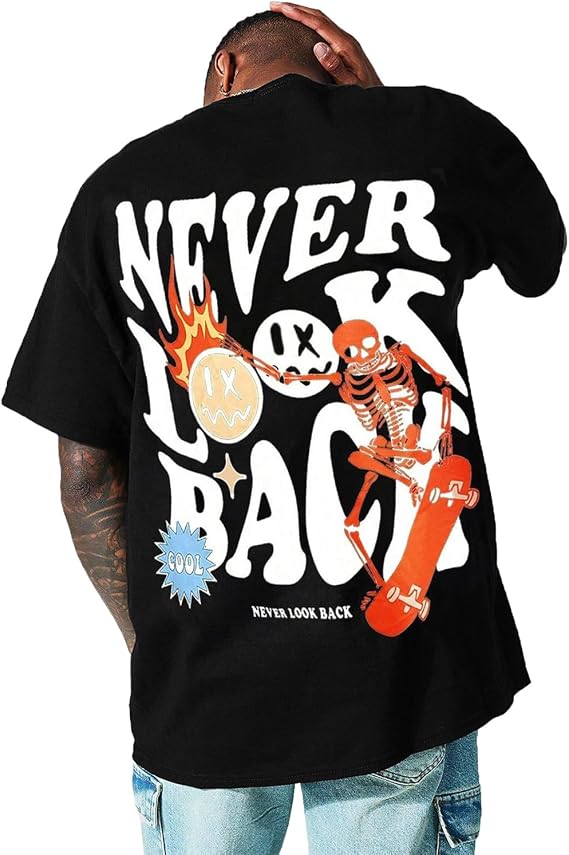 UOUA Men's Graphic Tees Oversized Short Sleeve T-Shirt - skull tshirt