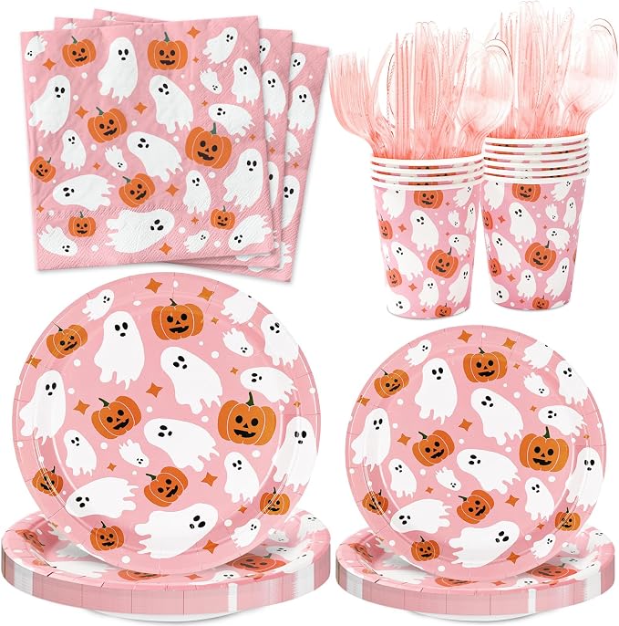 JarThenaAMCS 175Pcs Halloween Tableware Sets Serves 25 Guests, Pink Ghost - skull plate