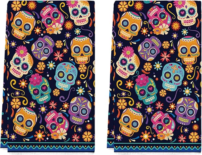 Artoid Mode Suger Skulls Day of The Dead Kitchen Towels Set of 2 18x26 Inch - skull coaster