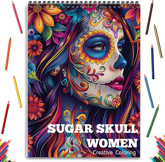 ADEVIAN Sugar Skull Coloring Book for Adult Women Relaxation, Spiral Bound - sugar skull book