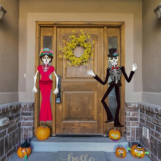 KALEFO 2 Pcs Day of the Dead Sugar Skull Door Decorations - skull wreath