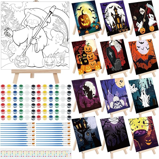 Tenceur 12 Sets Halloween Pre Drawn Canvas Easel Brushes Beginner Party - skull painting