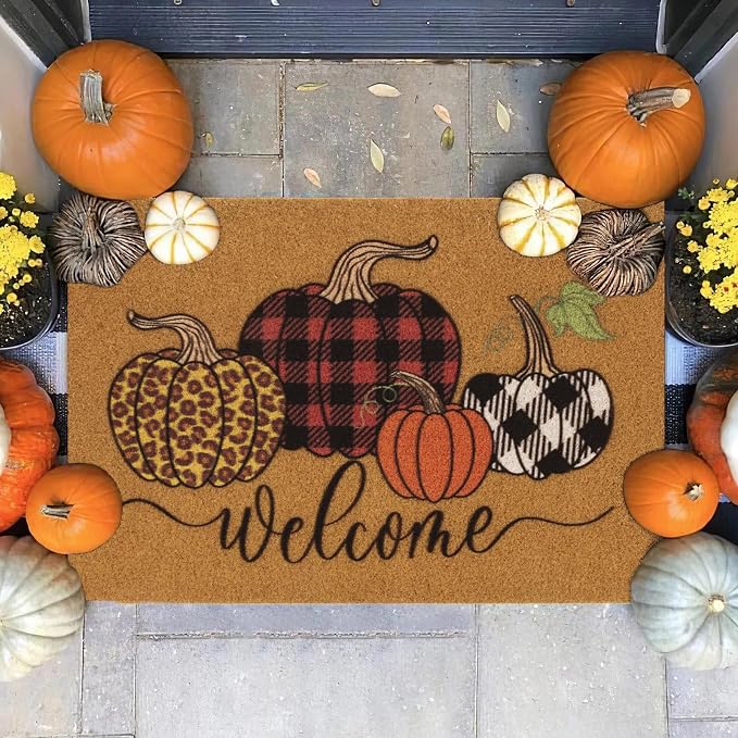 Hello Pumpkin Welcome Coir Door Mat – Halloween Pumpkin Outdoor Indoor Entrance Door Mat Non Slip Rubber Backing for Fall Holiday 17 * 30Inch