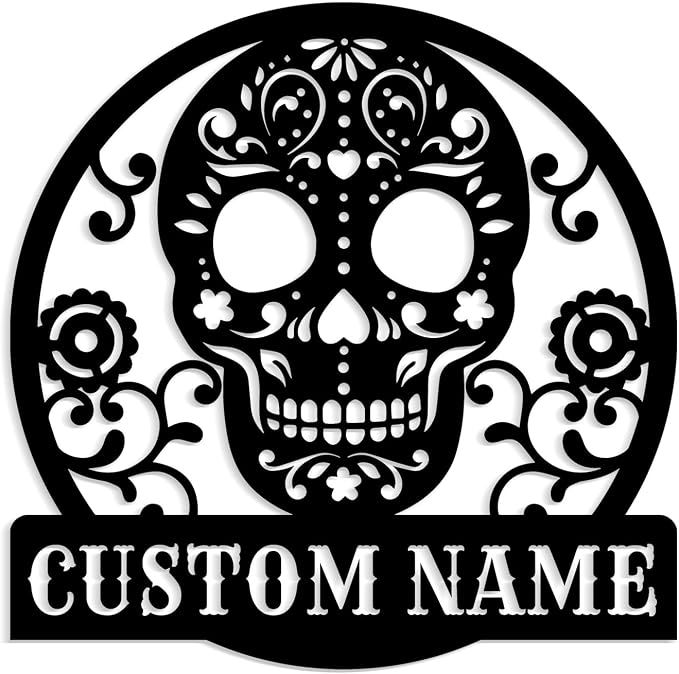 MeigoArt Personalized Sugar Skull Metal Sign, Custom Skull Wall Art For room Decor, Man Cave Decor,Halloween Decorations,Black Metal Wall Decoration Art - skull wreath