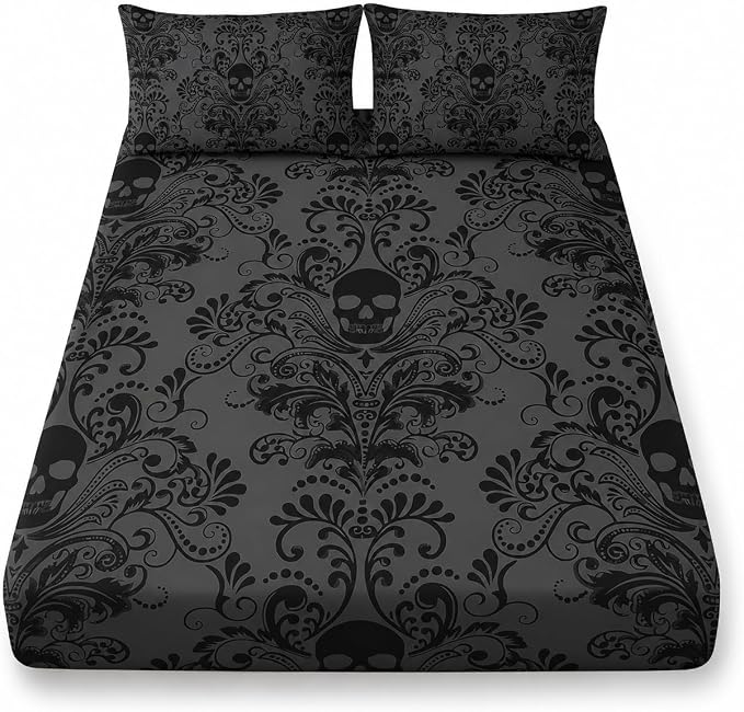 AILONEN Black Skull Fitted Sheet Set Queen Size,Floral Flower Gothic Skull Bed Sheet Set for Bedroom Decor,3 Pieces Boho Tree of Life Sheet Set,1 Fitted Sheet with 2 Pillowcases - skull bedding
