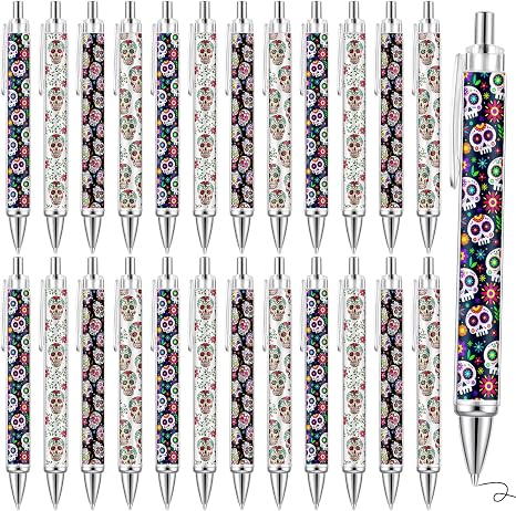 Fuyoooo 25 Pack Sugar Skull Retractable Ballpoint Pens, 1.0 mm Black Ink - sugar skull costume
