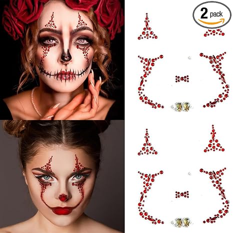 2 Packs Face Gems Stick Jewels Tattoos for Women Halloween Cosplay Makeup, Day of the Dead Sugar Skull Crystal Rhinestones Temporary Sticker Decorations for Halloween Festival Concert Dress-up - skull sticker