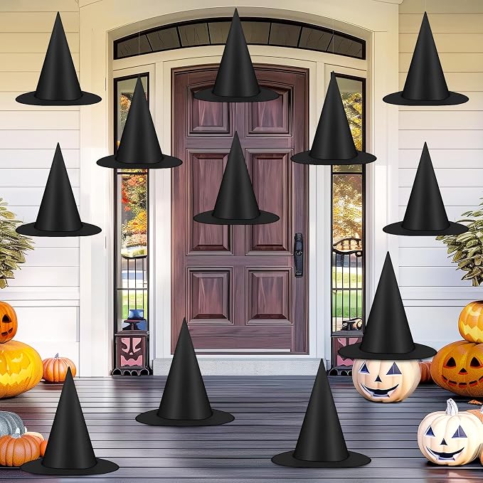 12 PCS Halloween Witch Hats, Black Hanging Witch Hats Porch Yard Decor - skull wreath