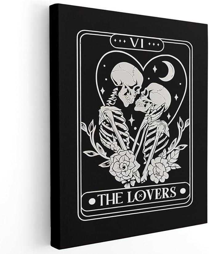 APJYM Gothic Skeleton Wall Decor, Tarot Card the Lover Canvas Wall Art, Gothic Halloween Witchy Room Decor, Witch Stuff, 11x14 Inches Framed - skull wall art