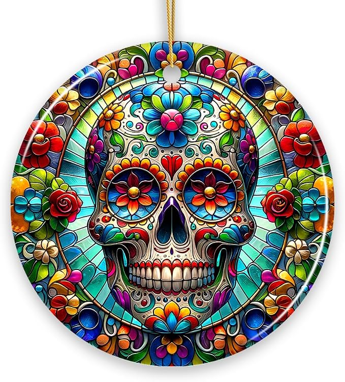 Sugar Skull Stained Glass Themed Ceramic Ornament, Day of The Dead Mexican - skull figurine