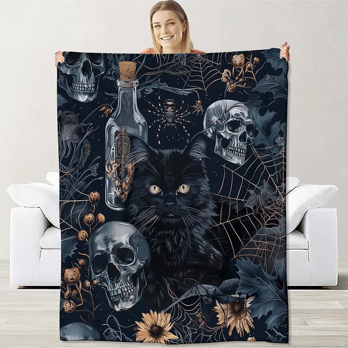 Goth Skull Blanket for Boys Kids Men Women, Flannel Skeleton Blankets Gifts, Halloween Black Cat Skull Throw Blanket for Sofa Couch Bed Living Room Soft Warm Cozy Gothic Decor 60" x 50" - skull blanket