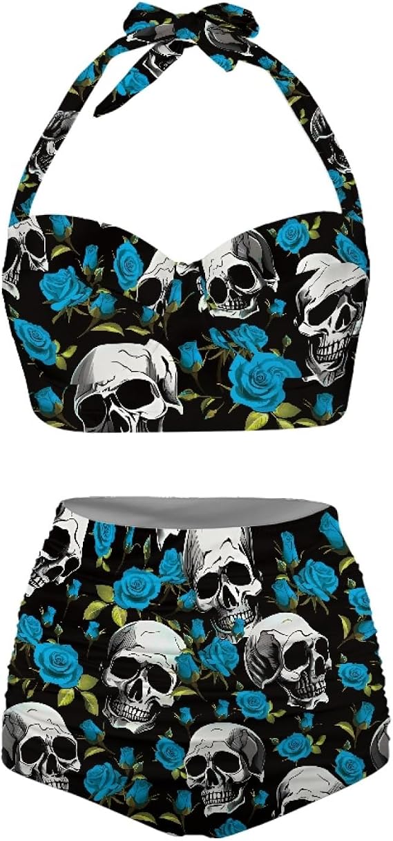 Women Two Piece High Waist Bikini Set Halter Ruched High Waist Bikini with Bottom - skull swimsuit