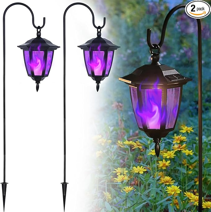 2 Pack Solar Halloween Flame Hanging Lights Outdoor, Flickering Flame LED Garden Lanterns with 2×38 Inch Shepherd Hooks, Landscape Lighting Waterproof for Lawn Yard Pathway Driveway, Purple