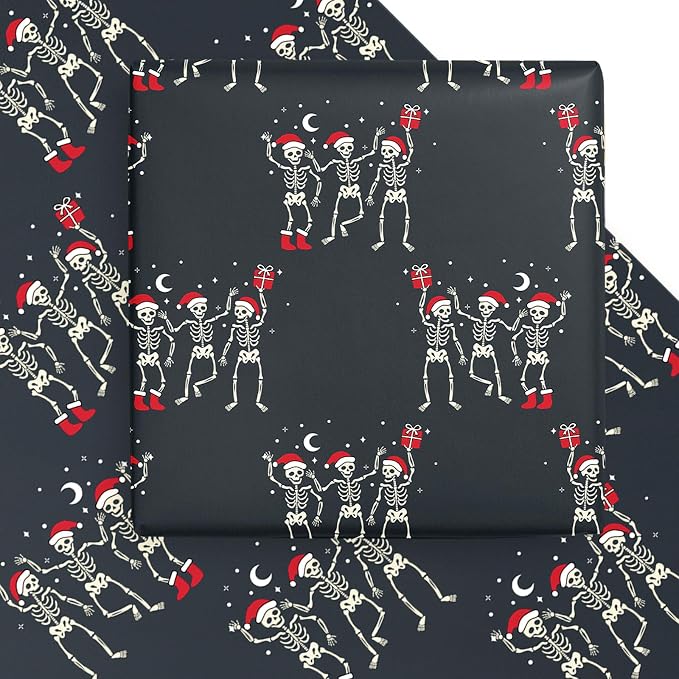 WRAPAHOLIC Funny Christmas Wrapping Paper Sheet - 6 Sheets Dancing Skeleton for Christmas, Party, Holiday - 19.7 Inch x 27.5 Inch Per Sheet - skeleton