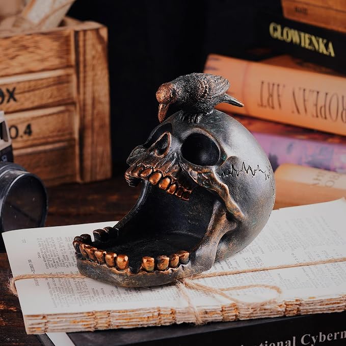 Arola Skull Crow Decoration Desktop Organiser，Creative Skull Cigar Ashtray，Collectible Jewelry Trays for Home Office Desk Supplies Organizer Accessory.