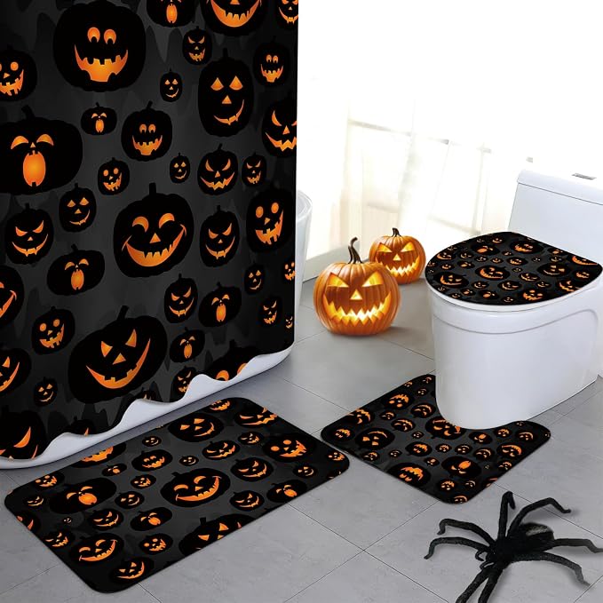 MEHOFOND 4pcs Halloween Shower Curtain Set, Pumpkin Bathroom Rug Sets
