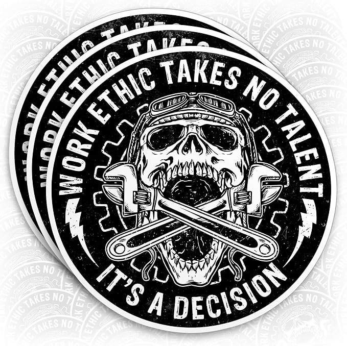 (3Pcs) Work Ethic Takes No Talent It's A Decision Sticker Skull Working Class Work Ethic Blue Collar Labor Day 2" Waterproof Vinyl Sticker for Laptop Hard Hat Helmet Gift for Him Adults 2 Inches - skull sticker