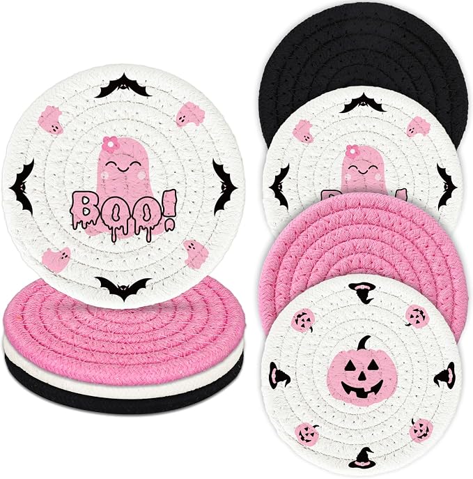 Whaline 4Pcs Halloween Handmade Braided Cotton Coasters Pink Black Pumpkin Ghost Boo Drink Coasters Absorbent Cup Mat for Home Office Party Decor, 4.3 Inch - skull coaster