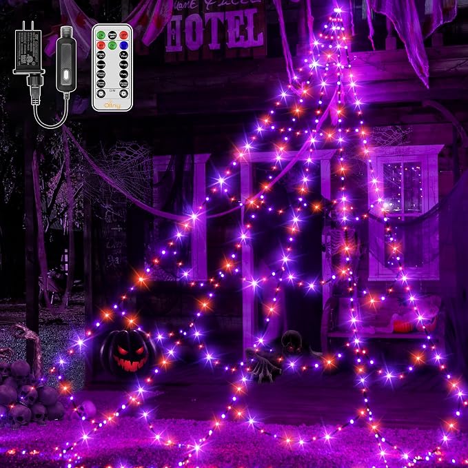 Ollny Halloween Lights Outdoor 454 LED Spider Web Lights Orange & Purple - string light
