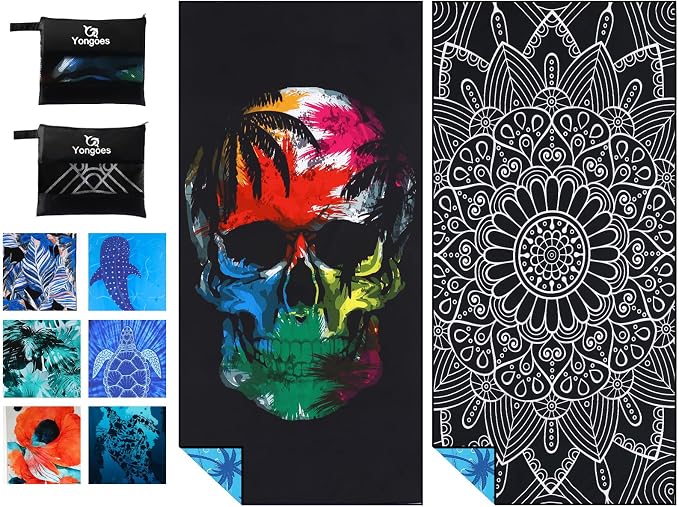 Yongoes 2 Pack Microfiber Beach Towels Oversized 71x32 Black Skull Mandala - skull backpack