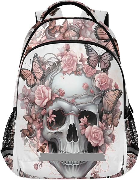 ALAZA Skull with Pink Butterflies Roses Backpacks Travel Laptop Daypack School Book Bag for Men Women Teens Kids - skull backpack