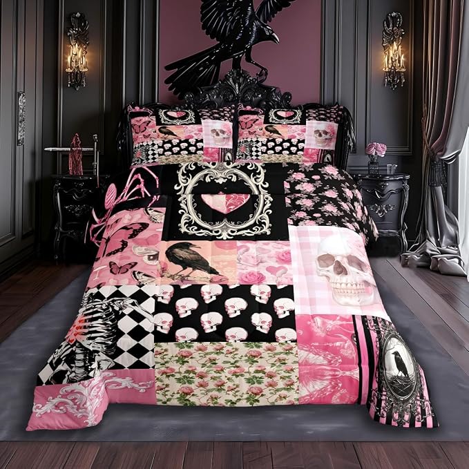 Halloween Crow Comforter Set Queen Size,Suger Skull Rose Flowers Spider Print Bedding Set,Patchwork Pink Black Grid Striped Quilt Set,Gothic Boho Duvet Insert Kids Girls Teens Halloween Decor - skull bedding