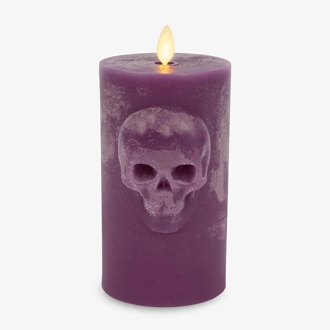 Luminara - Flameless Flickering Real Wax Moving Flame Battery Operated Unscented Candle LED Décor & Gift- Embossed Pillar Collection - Halloween Chalky Skull, Imperial Purple (3.5" x 6.5") - skull candle