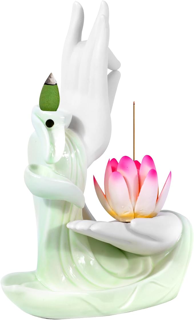 Backflow Incense Holder Buddhist Culture，Waterfall Incense Burner Buddha's Hand and Colorful Lotus Pattern，Aromatherapy Ornament Home Décor Nice Gift for Friends Families - skull incense burner
