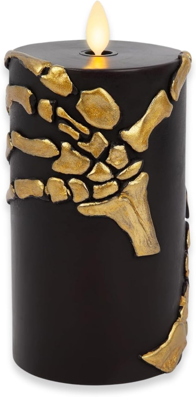 Luminara Skeleton Hands Flameless LED Candle, Black & Gold 3" x 6.5", Moving Flame Pillar, Battery Operated Timer Real Wax Halloween Gothic Home Decor - skull candle