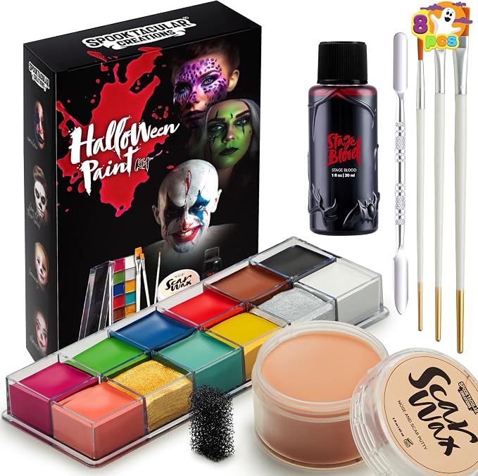 Spooktacular Creations 8 PCS Halloween Makeup Kit SFX Face Body Paint Set with Wound Scar Wax,12 Colors Face Paint Palette,Fake Blood,Spatula,Brushes for Halloween Costume,Zombie Makeup Dress Up - skull painting