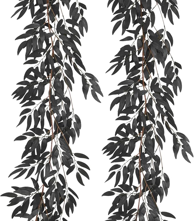 RECUTMS Artificial Silk Willow Leaves Vine 2P 5.9Ft Black Halloween Garland - skull wreath
