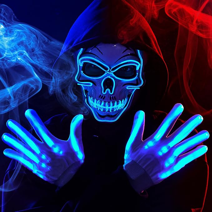 JOYIN Halloween LED Skull Mask with Light Up Gloves, Blue Scary Glow Up Skull and Glow in The Dark Skeleton Mask for Adult Men Women Halloween Cosplay Costume Accessories, Party Dress Up Prop - sugar skull costume