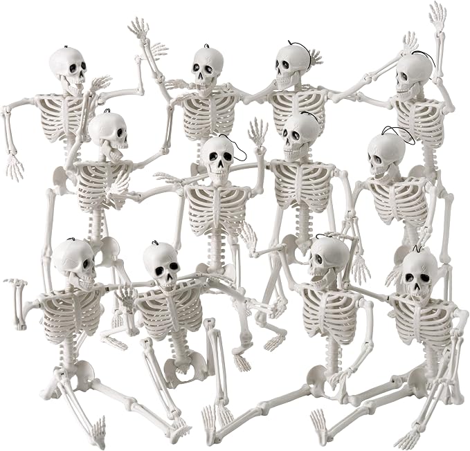 JOYIN 12 PCS 16″ Halloween Skeleton Decor, Full Body Movable Stayable Joints Plastic Skeleton, Posable Hanging Skeletons for Halloween Decoration Indoor Outdoor, Graveyard Yard Party Decor