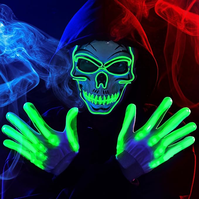 JOYIN Halloween LED Skull Mask with Light Up Gloves, Green LED Light up Skeleton and Scary Glow in The Dark Mask for Adult Men Women Halloween Cosplay Costumes Accessory Party Dress Up - sugar skull costume