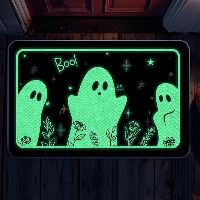 Halloween Door Mat Rug Ghost Decorative Glow in The Dark Doormats Luminous Entrance Rugs Floor Front Mats for Farmhouse Home Kitchen 17 x 27 Inch - skull floor mat