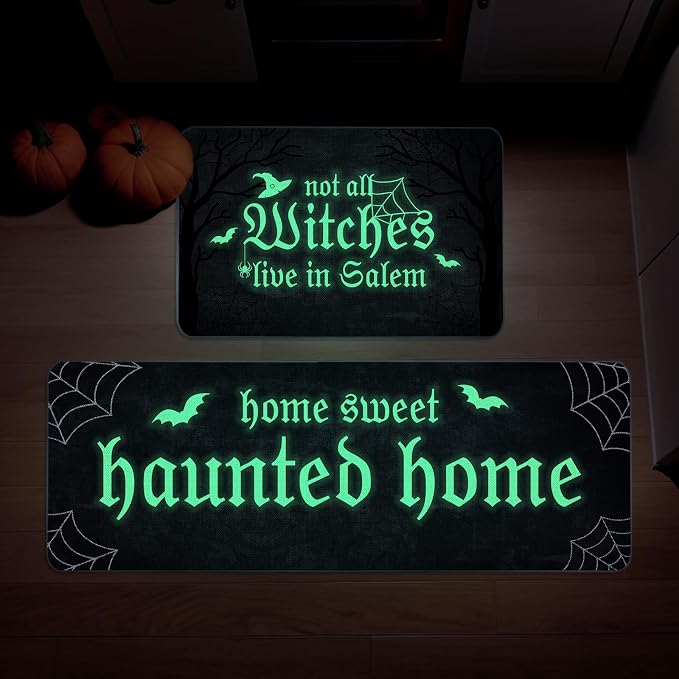 Halloween Kitchen Mat Set of 2 Not All Witches Live in Salem Decorative Glow in The Dark Kitchen Rugs, Luminous Party Home Floor Mats for Indoor Outdoor Decorations-17x27 and 17x47 Inch - skull floor mat