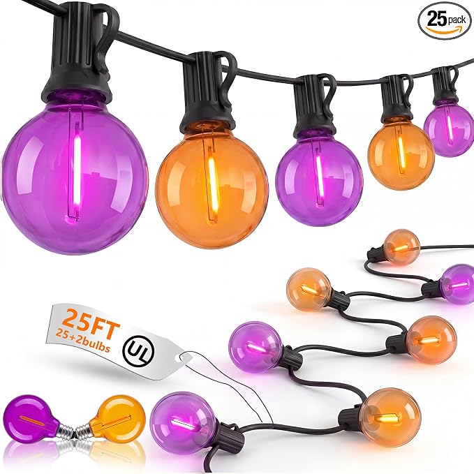 25FT G40 LED Outdoor Halloween String Lights, Orange and Purple Halloween Decorations Lights with 27 Shatterproof Globe Bulbs(2 Spare), Hanging Patio Lights for Holiday Balcony Backyard Party Garden - string light