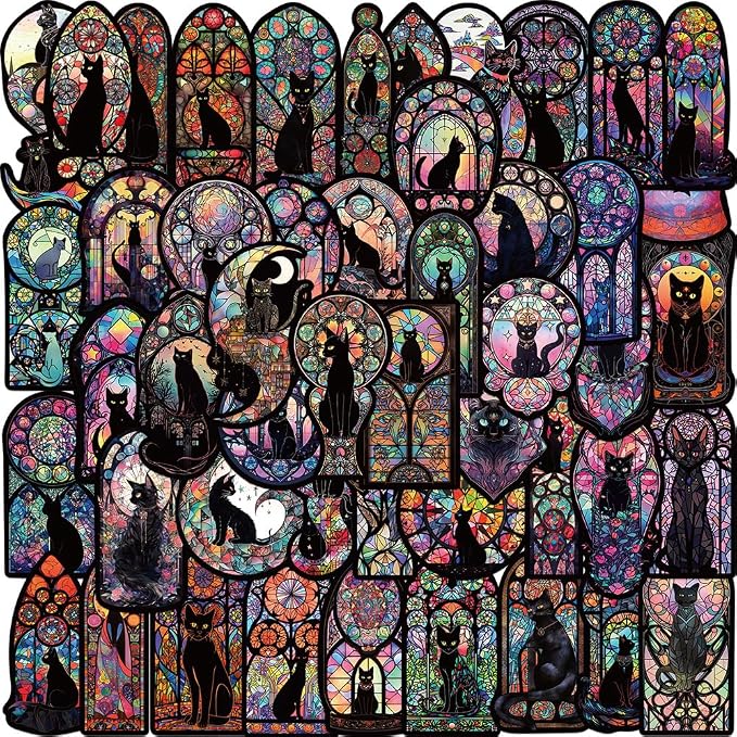 50Pcs Stained Glass Black Cat Stickers - Medieval Gothic Dark Witch Kitty Stickers for Laptops,Water Bottles,Scrapbooking,Journals,Halloween Decor - skull sticker
