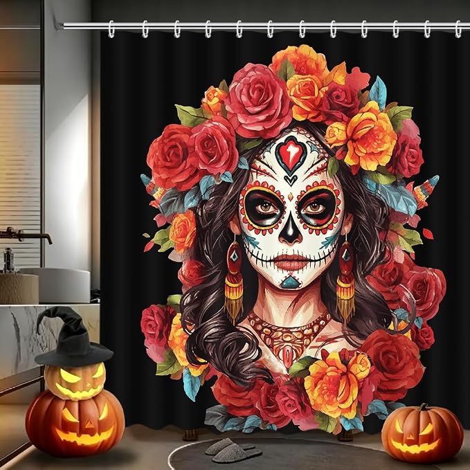 MEHOFOND Sugar Skull Shower Curtain Flower Skeleton Gothic Bath Curtain