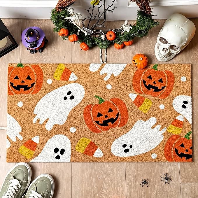 JarThenaAMCS Halloween Natural Coir Doormat Spooky Ghost Pumpkin Bat Candy Welcome Floor Mat Non-Slip Entrance Door Rugs for Indoor Outdoor Bathroom Porch Decor, 16.5 x 29 Inch - skull floor mat