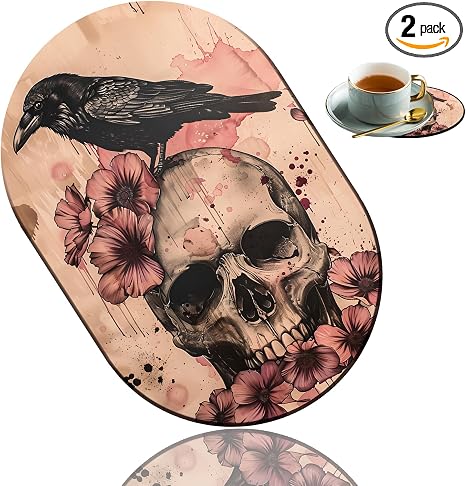 Personalized Crow Skull Mousepad & Coaster Set - Stylish Non-Slip Gaming Design, Suitable for Office & Families - skull coaster